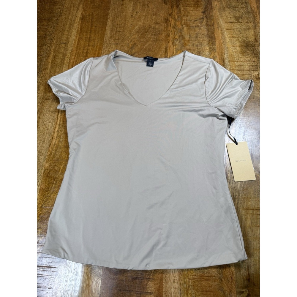Halogen Women's S Taupe Double Layer Stretch V Neck Top NWT Nordstrom Minimalist